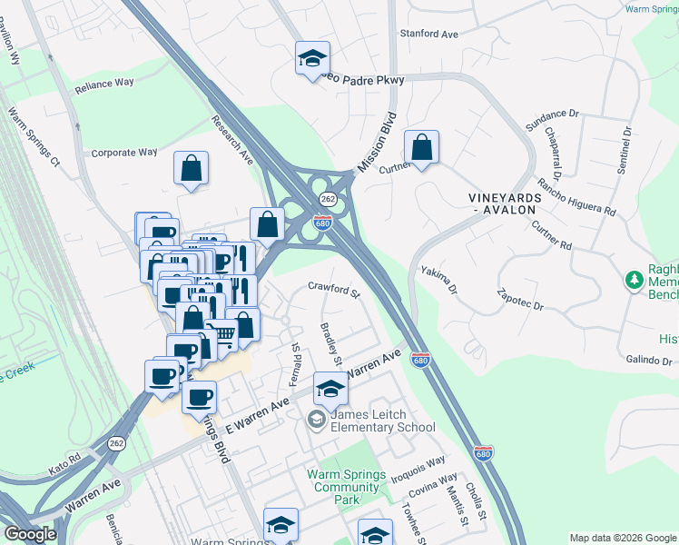 map of restaurants, bars, coffee shops, grocery stores, and more near 46562 Bradley Court in Fremont
