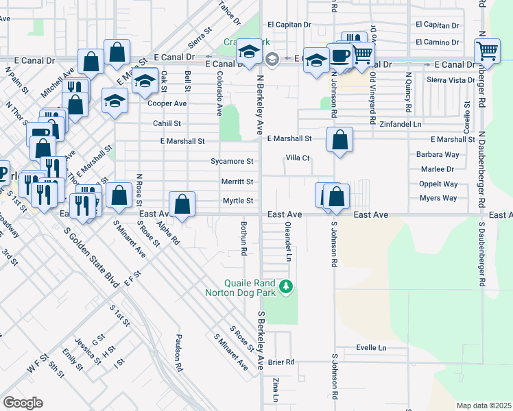map of restaurants, bars, coffee shops, grocery stores, and more near 1598 East Avenue in Turlock