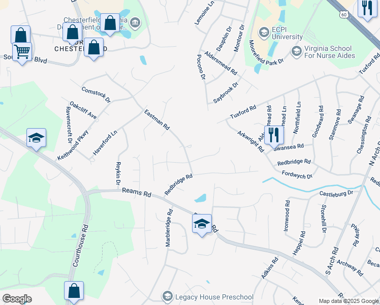 map of restaurants, bars, coffee shops, grocery stores, and more near 113 Eastman Road in Richmond