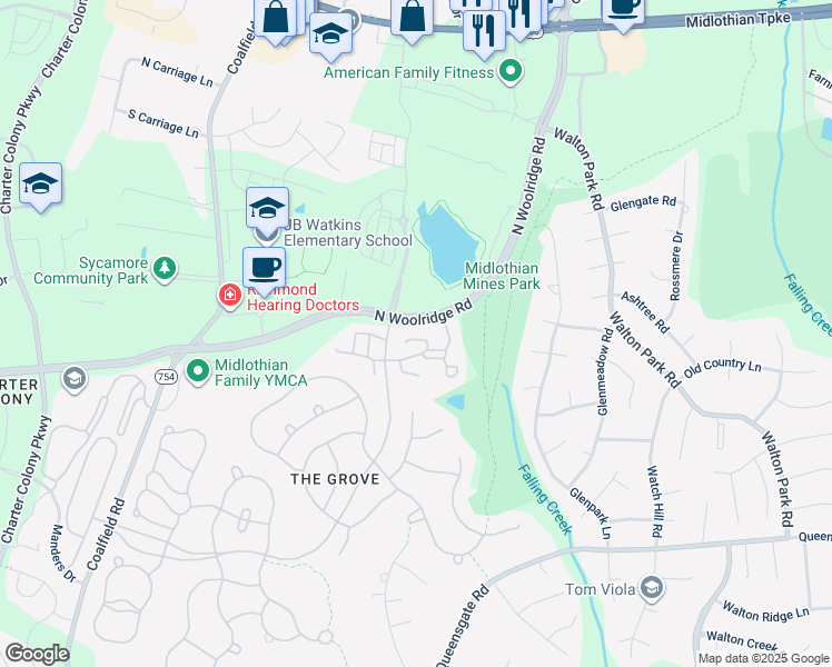 map of restaurants, bars, coffee shops, grocery stores, and more near 527 Lawford Lane in Midlothian