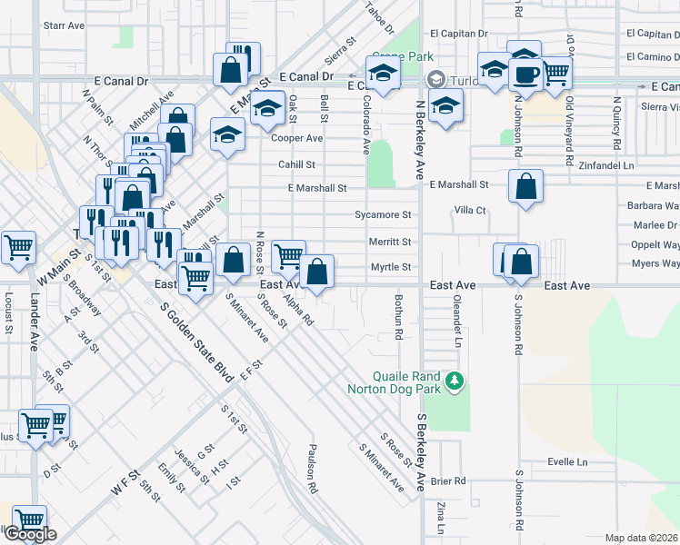 map of restaurants, bars, coffee shops, grocery stores, and more near 1414 Myrtle Street in Turlock