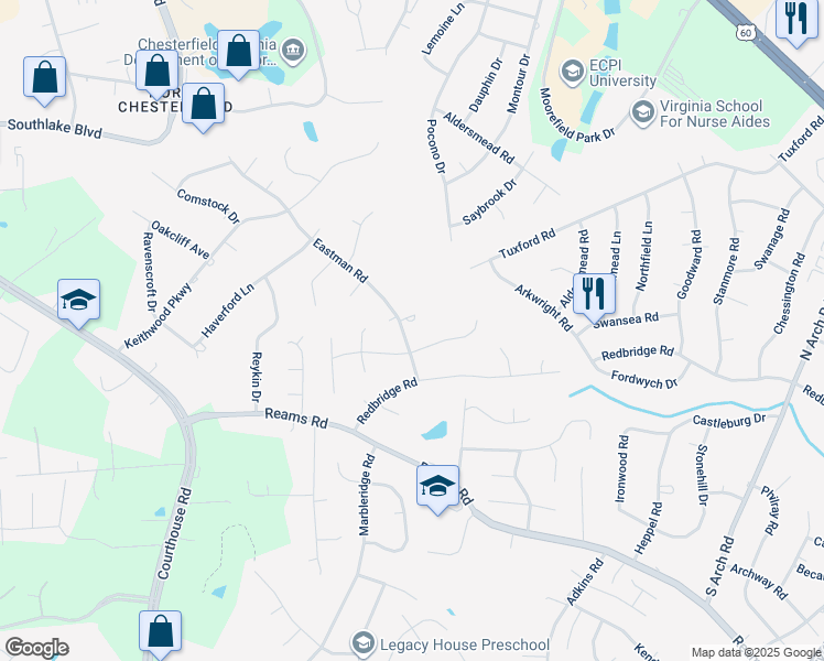 map of restaurants, bars, coffee shops, grocery stores, and more near 113 Eastman Road in Richmond
