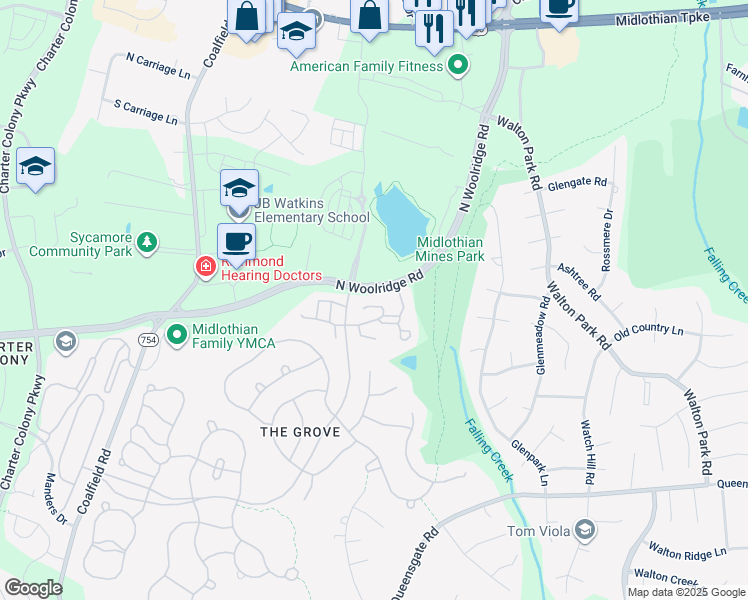 map of restaurants, bars, coffee shops, grocery stores, and more near 527 Lawford Lane in Midlothian