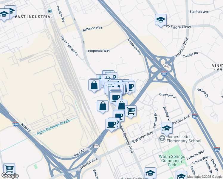 map of restaurants, bars, coffee shops, grocery stores, and more near 46324 Warm Springs Boulevard in Fremont