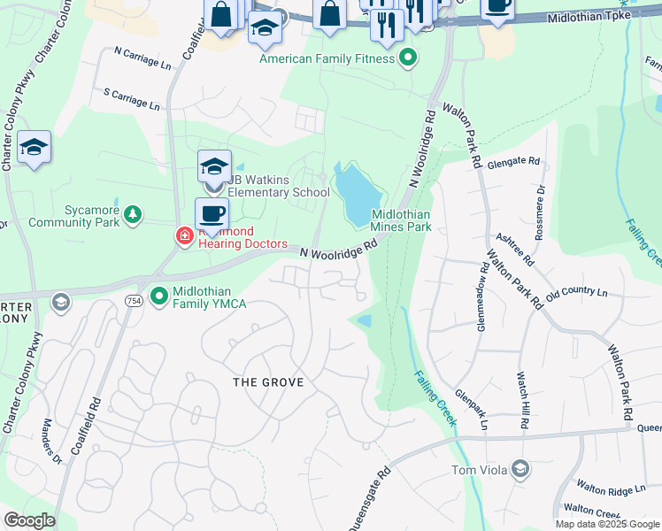 map of restaurants, bars, coffee shops, grocery stores, and more near 523 Lawford Lane in Midlothian