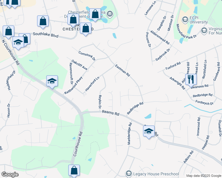 map of restaurants, bars, coffee shops, grocery stores, and more near 10502 Moorwood Ridge Circle in Richmond