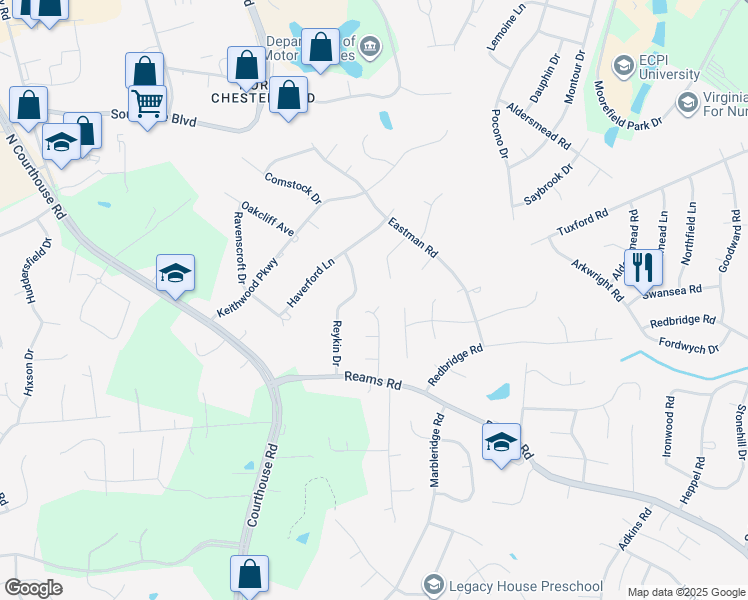 map of restaurants, bars, coffee shops, grocery stores, and more near 10502 Moorwood Ridge Circle in Richmond