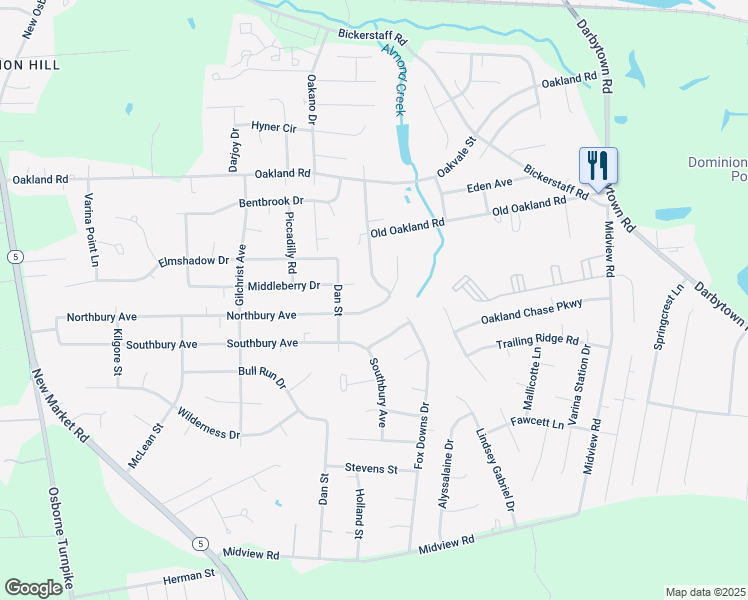 map of restaurants, bars, coffee shops, grocery stores, and more near 1508 Northbury Avenue in Richmond