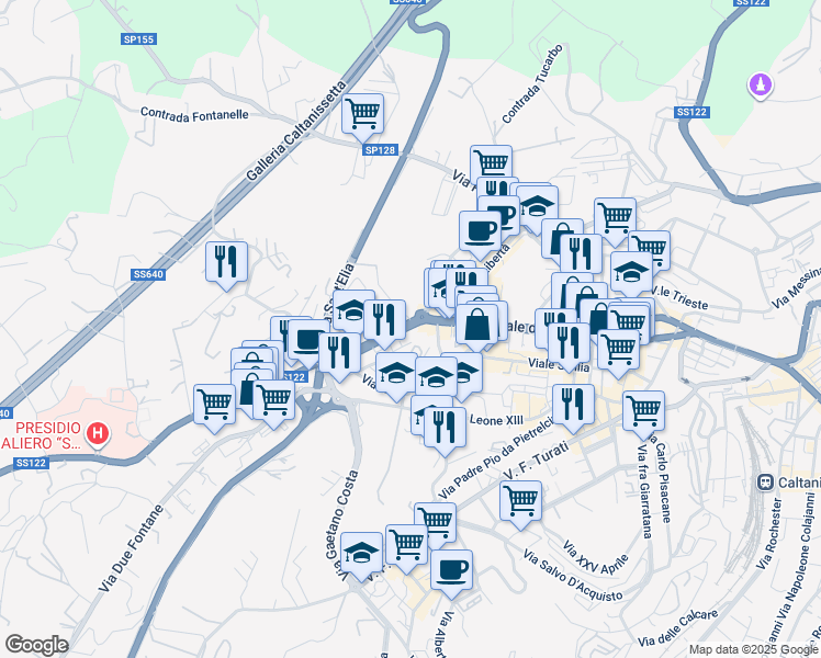 map of restaurants, bars, coffee shops, grocery stores, and more near 83-91 Via Malta in Caltanissetta
