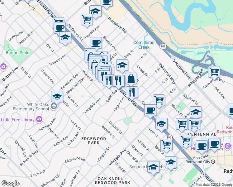 map of restaurants, bars, coffee shops, grocery stores, and more near Eaton Avenue in San Carlos