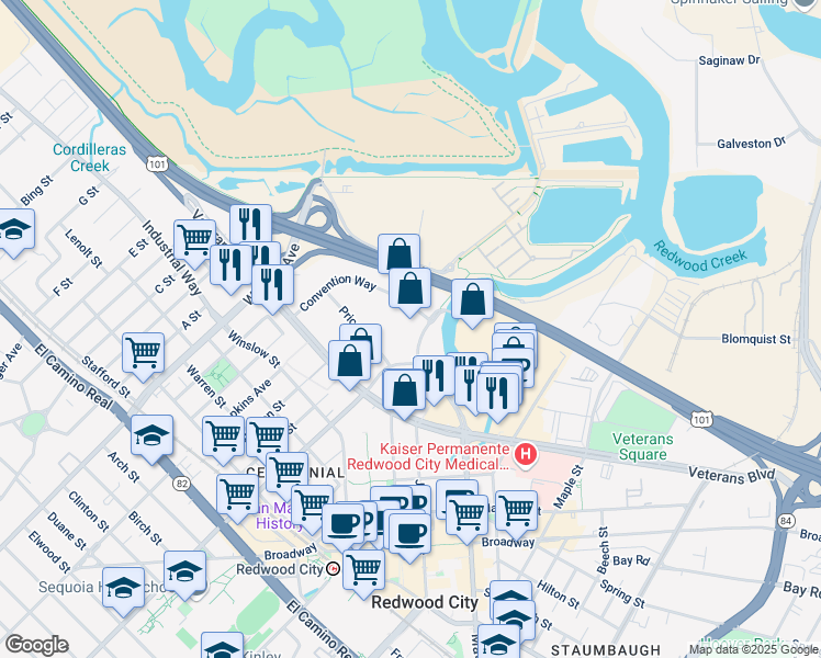 map of restaurants, bars, coffee shops, grocery stores, and more near 345 Convention Way in Redwood City