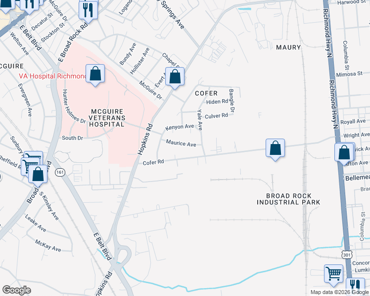map of restaurants, bars, coffee shops, grocery stores, and more near 3104 Maurice Avenue in Richmond
