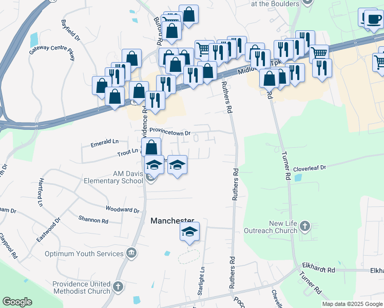 map of restaurants, bars, coffee shops, grocery stores, and more near 7919 Provincetown Drive in Richmond