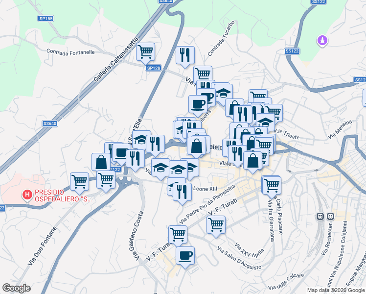map of restaurants, bars, coffee shops, grocery stores, and more near Via Bissolati Leonida in Caltanissetta