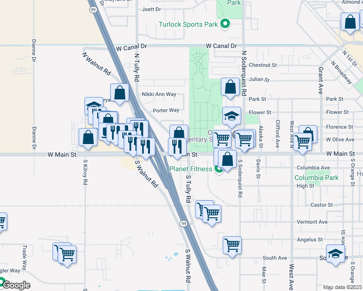 map of restaurants, bars, coffee shops, grocery stores, and more near 5 North Tully Road in Turlock