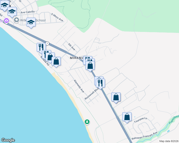 map of restaurants, bars, coffee shops, grocery stores, and more near 3048 California 1 in Half Moon Bay
