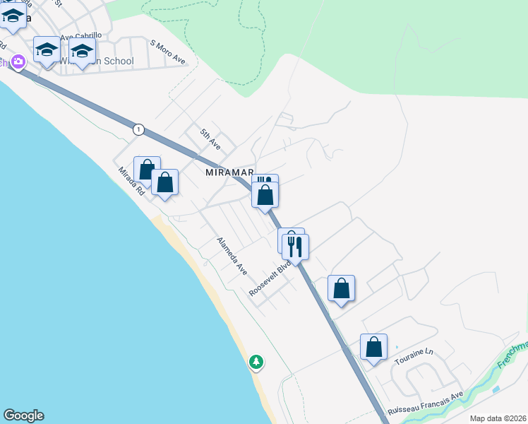 map of restaurants, bars, coffee shops, grocery stores, and more near 3048 California 1 in Half Moon Bay