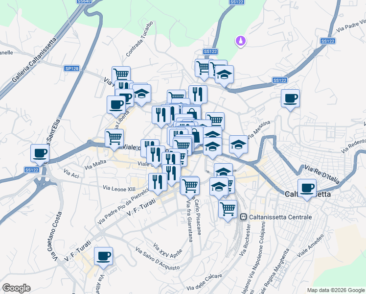map of restaurants, bars, coffee shops, grocery stores, and more near 20 Via Piave in Caltanissetta
