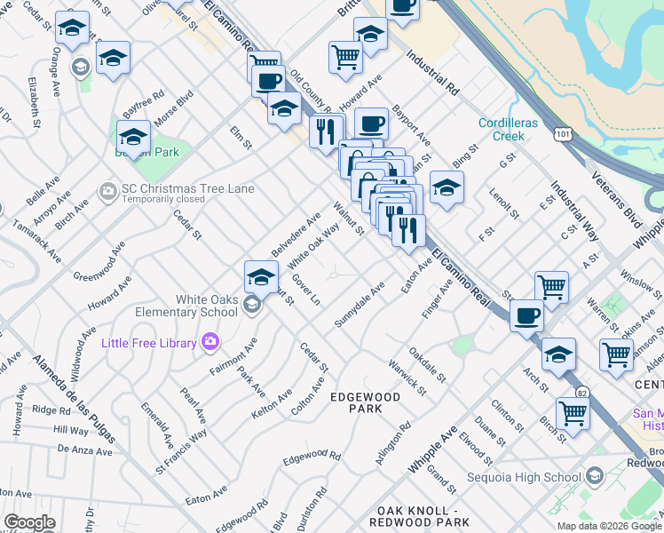 map of restaurants, bars, coffee shops, grocery stores, and more near 6 El Sereno Drive in San Carlos