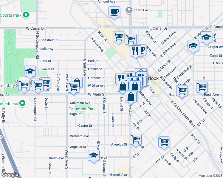 map of restaurants, bars, coffee shops, grocery stores, and more near 121 North Laurel Street in Turlock