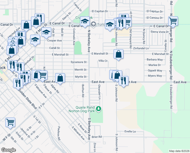map of restaurants, bars, coffee shops, grocery stores, and more near 185 Elena Court in Turlock