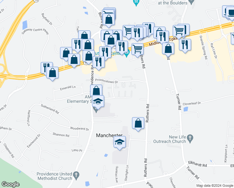 map of restaurants, bars, coffee shops, grocery stores, and more near 8030 Clovertree Court in Richmond