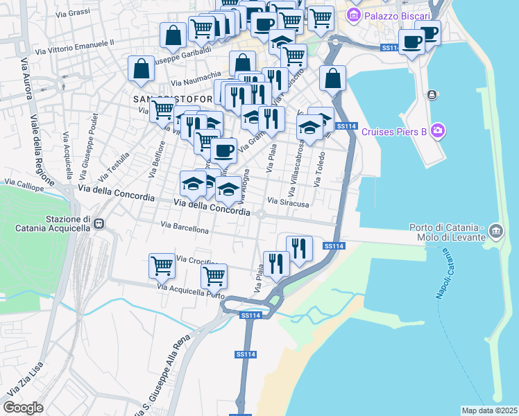 map of restaurants, bars, coffee shops, grocery stores, and more near 21 Piazza Caduti del Mare in Catania