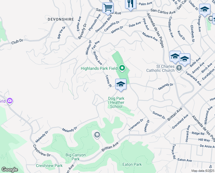 map of restaurants, bars, coffee shops, grocery stores, and more near 323 Torino Drive in San Carlos
