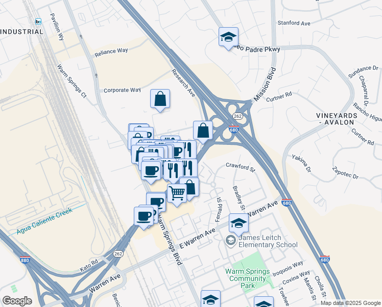 map of restaurants, bars, coffee shops, grocery stores, and more near 103 Woodcreek Common in Fremont