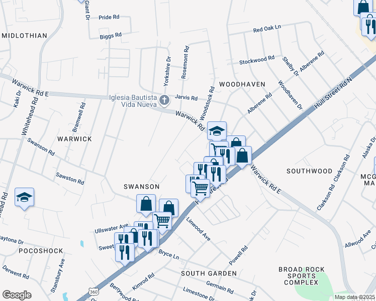 map of restaurants, bars, coffee shops, grocery stores, and more near 5315 Warwick Road in Richmond
