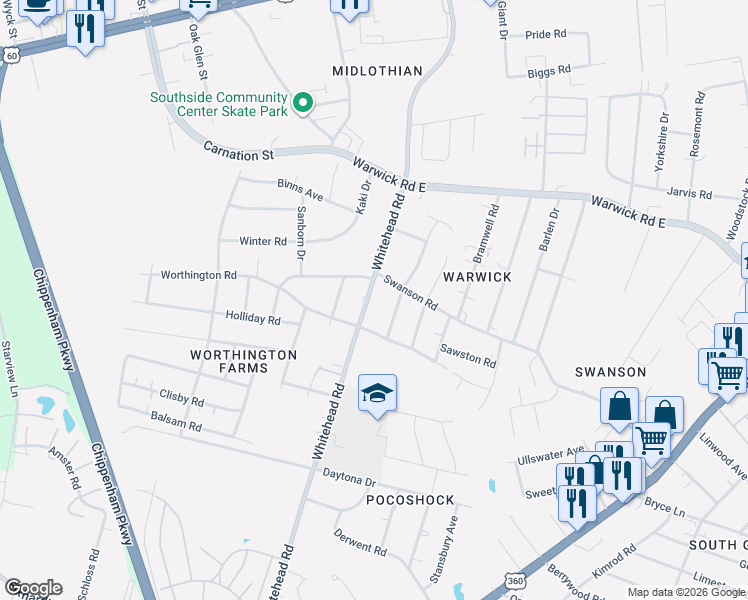 map of restaurants, bars, coffee shops, grocery stores, and more near 900 Whitehead Road in Richmond