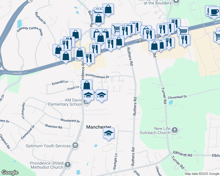 map of restaurants, bars, coffee shops, grocery stores, and more near 8008 Clovertree Court in Richmond