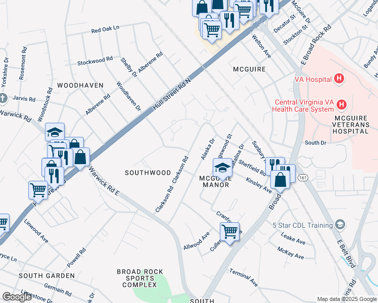 map of restaurants, bars, coffee shops, grocery stores, and more near Clarkson Road & Southwood Parkway in Richmond