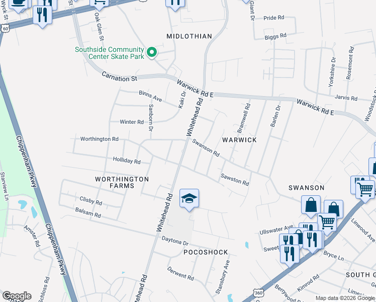 map of restaurants, bars, coffee shops, grocery stores, and more near 900 Whitehead Road in Richmond