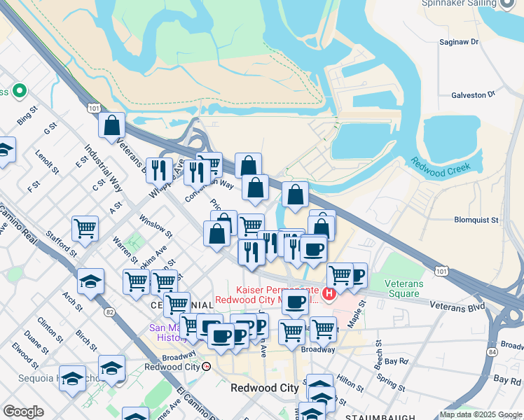 map of restaurants, bars, coffee shops, grocery stores, and more near 345 Convention Way in Redwood City