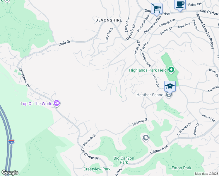 map of restaurants, bars, coffee shops, grocery stores, and more near 199 Kings Court in San Carlos