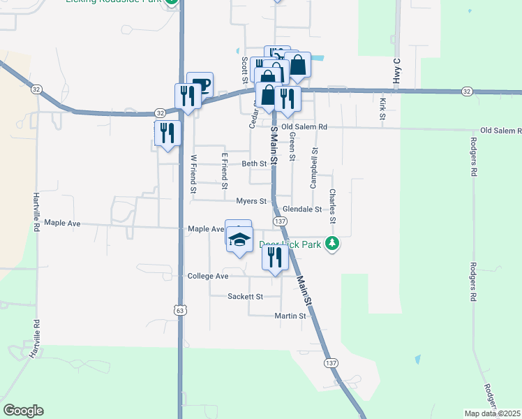 map of restaurants, bars, coffee shops, grocery stores, and more near 304 Meyers Drive in Licking