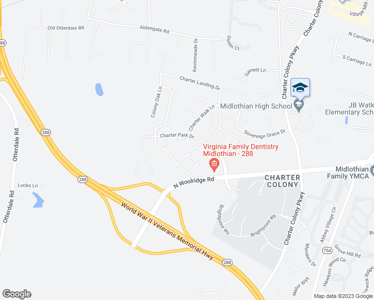 map of restaurants, bars, coffee shops, grocery stores, and more near 1020 Westwood Village Way in Midlothian