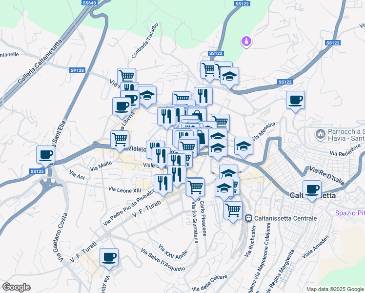 map of restaurants, bars, coffee shops, grocery stores, and more near 1 Viale della Regione in Caltanissetta