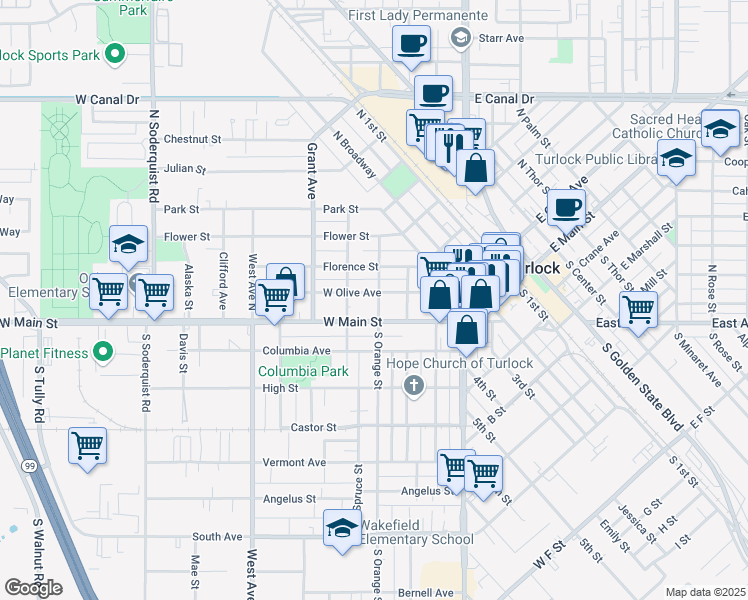 map of restaurants, bars, coffee shops, grocery stores, and more near 400 West Olive Avenue in Turlock