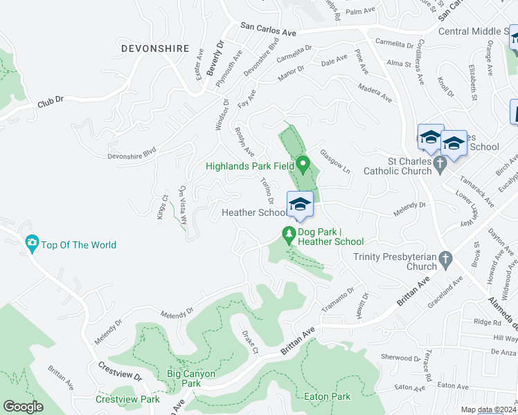 map of restaurants, bars, coffee shops, grocery stores, and more near 351 Torino Drive in San Carlos