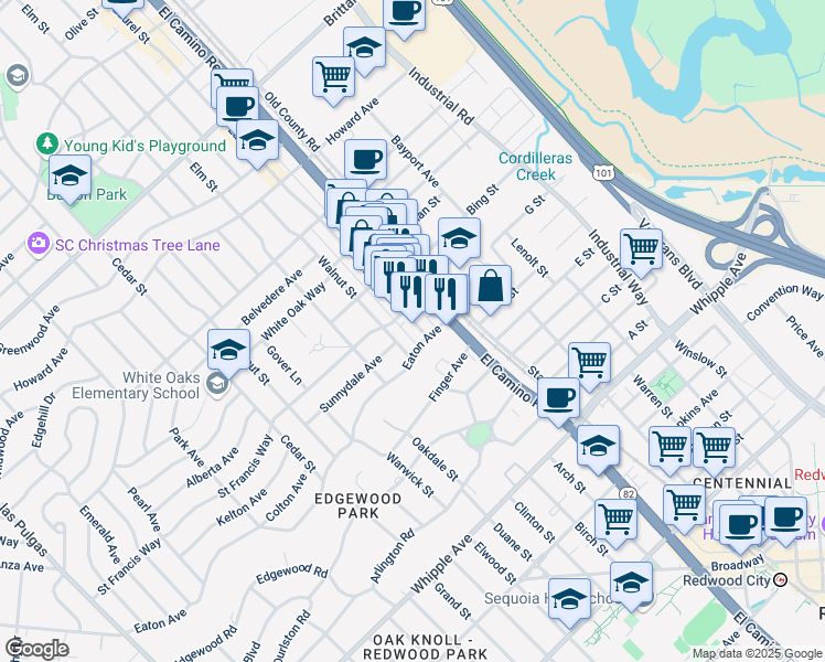 map of restaurants, bars, coffee shops, grocery stores, and more near 1748 El Camino Real in San Carlos