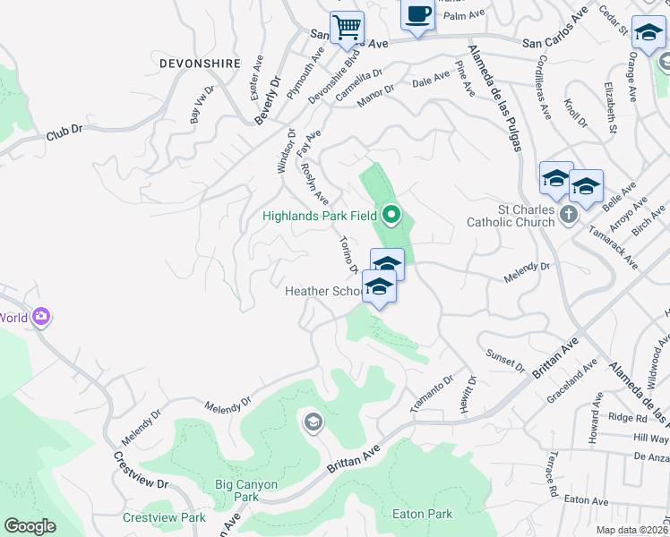 map of restaurants, bars, coffee shops, grocery stores, and more near 351 Torino Drive in San Carlos