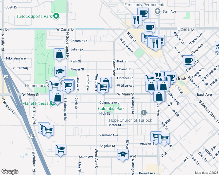 map of restaurants, bars, coffee shops, grocery stores, and more near 642 West Olive Avenue in Turlock