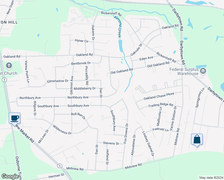 map of restaurants, bars, coffee shops, grocery stores, and more near 1604 Northbury Avenue in Richmond