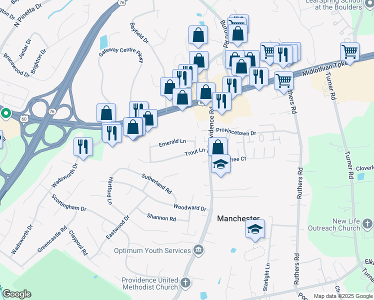 map of restaurants, bars, coffee shops, grocery stores, and more near 8306 Trout Lane in Richmond