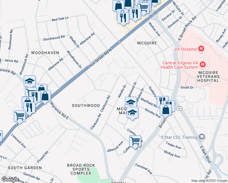 map of restaurants, bars, coffee shops, grocery stores, and more near 1573 Clarkson Road in Richmond