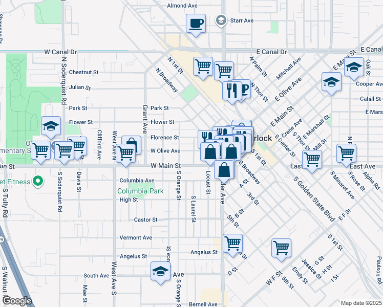 map of restaurants, bars, coffee shops, grocery stores, and more near 141 North Laurel Street in Turlock