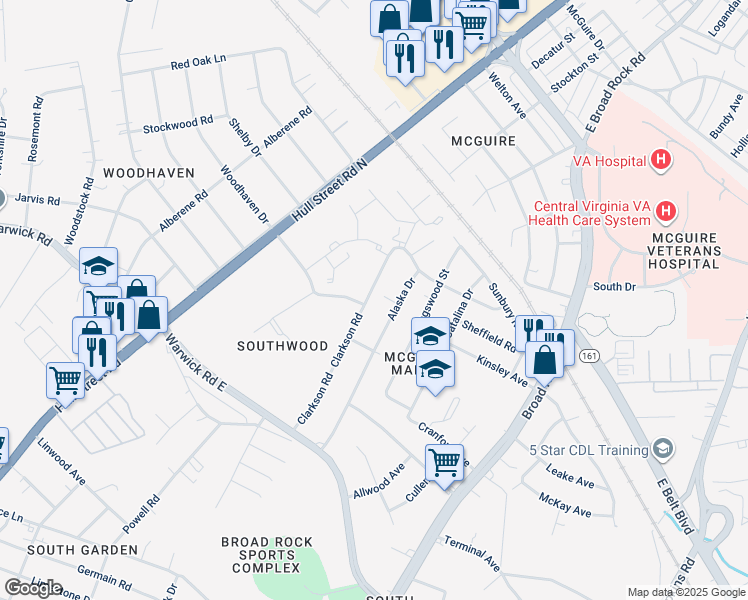 map of restaurants, bars, coffee shops, grocery stores, and more near 1573 Clarkson Road in Richmond