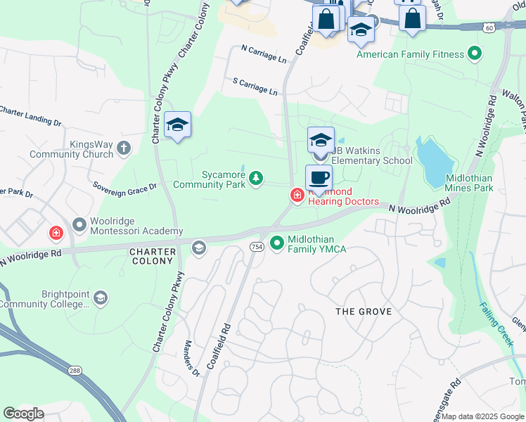 map of restaurants, bars, coffee shops, grocery stores, and more near 550 Coalfield Road in Midlothian